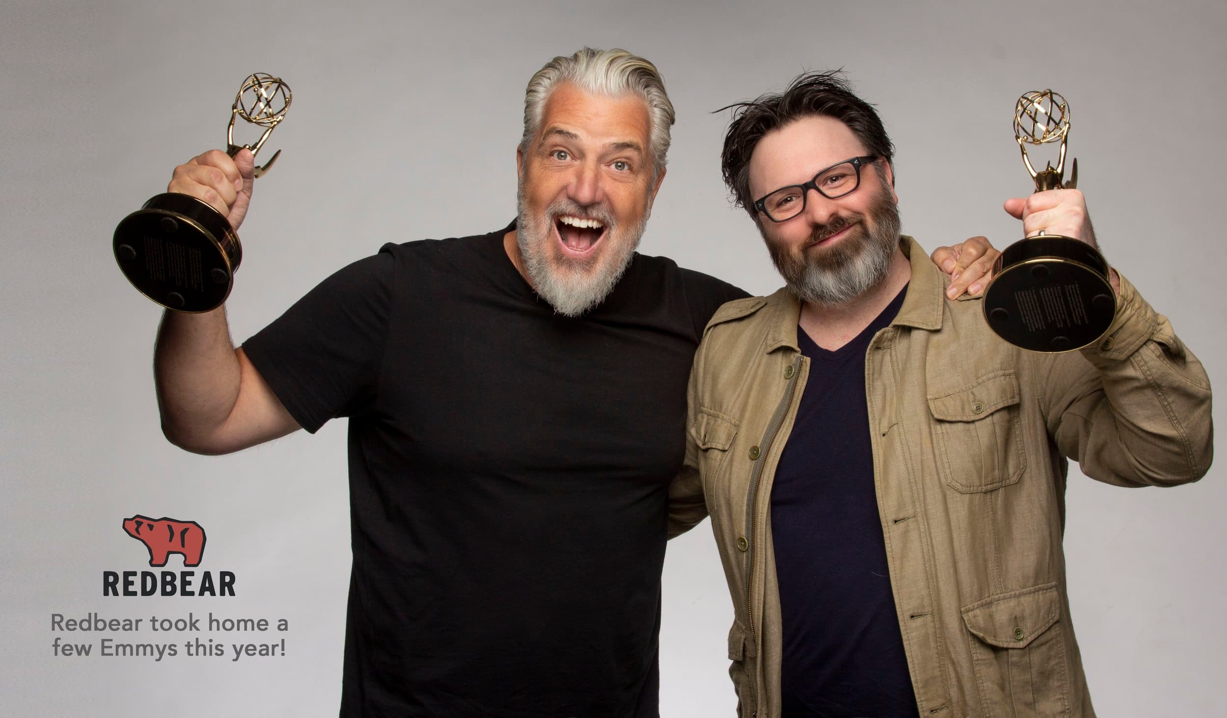 Drew Lewis and PJ Haarsma with their Emmy Awards